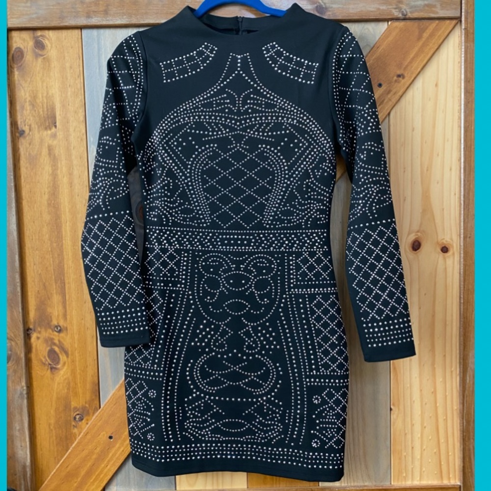 Mea Eor Black Dress with silver dotting on front, long sleeve, Size S